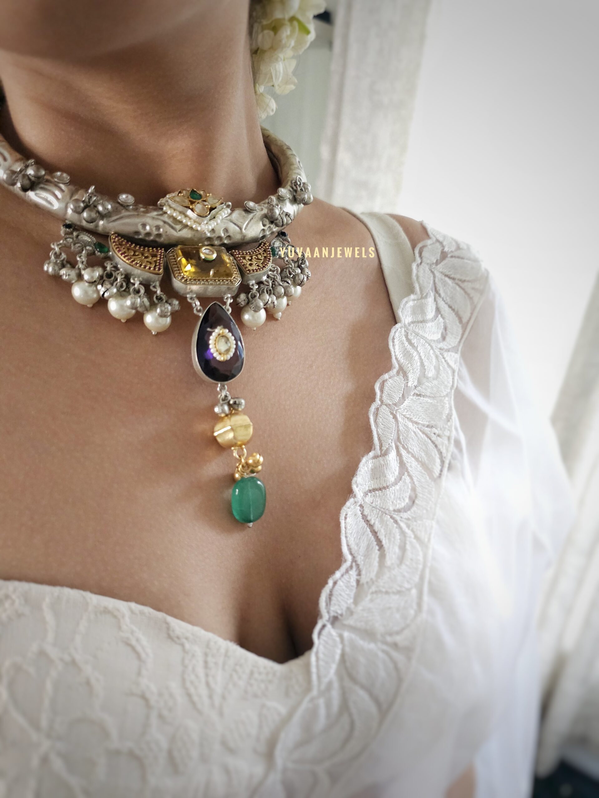 Meena handcrafted silver hasli necklace