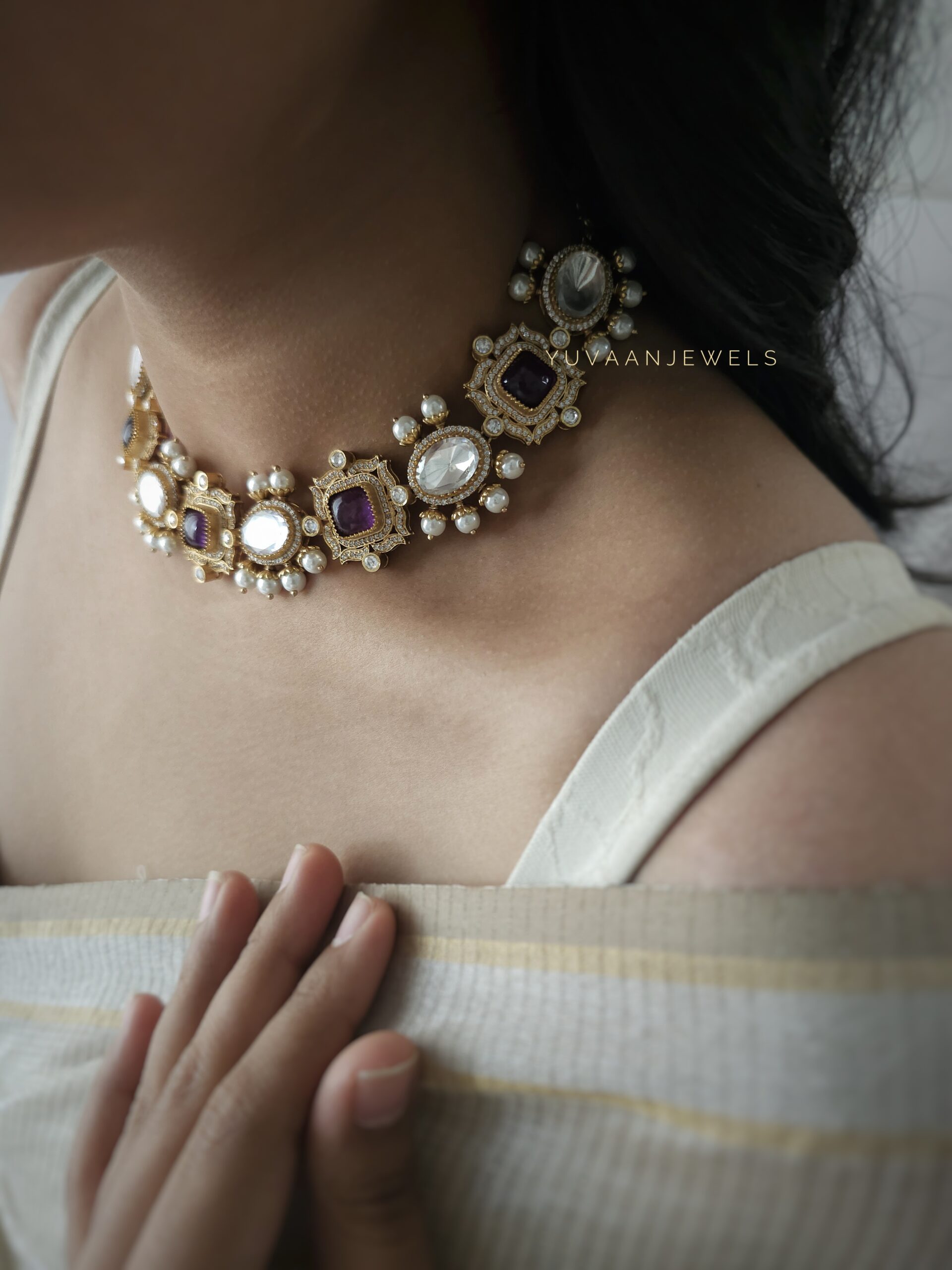 Margot Quartz polki and pearls choker